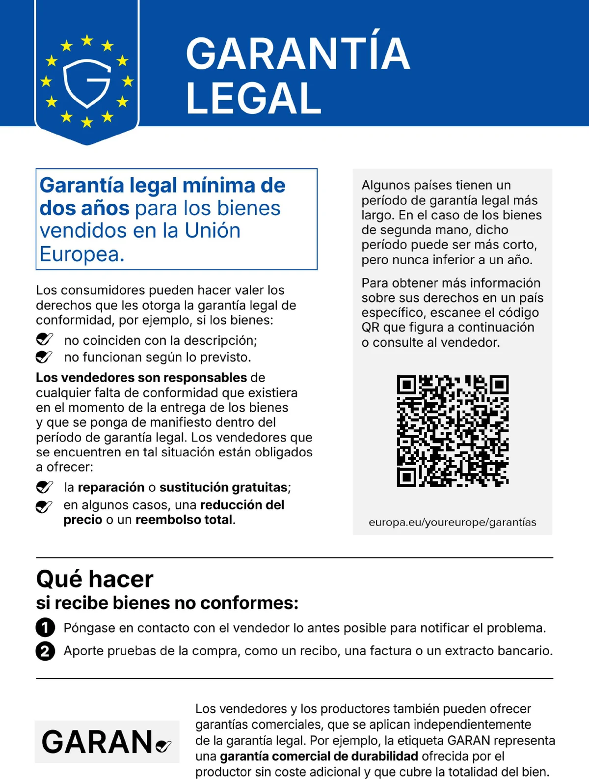 Aviso armonizado de la Unión Europea sobre la garantía legal de conformidad.